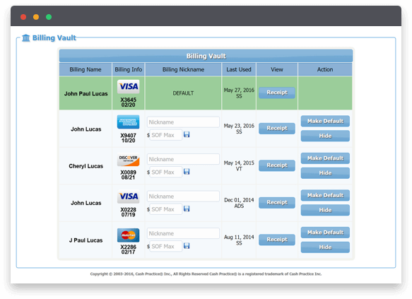 Auto-Debit System Billing Vault Stores Card on File - Cash Practice Systems - Recurring Credit Card Payments