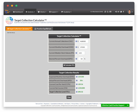 Ensure your are making a profit on your affordable payment plan agreements with the Target Collection Calculator - Care Plan Calculator - Cash Practice Systems