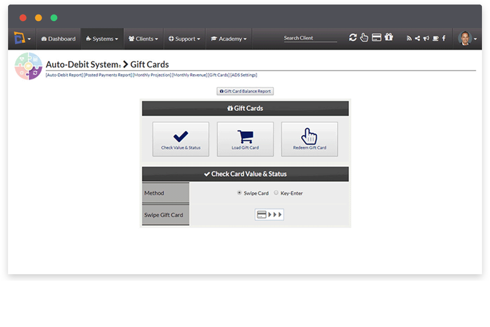 Load, redeem and check the status of gift cards. - Gift Card Program - Cash Practice Systems