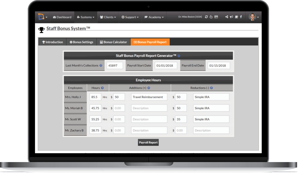 Staff Bonus Payroll Report Generator - Motivate My Team - Staff Bonus System - Cash Practice Systems